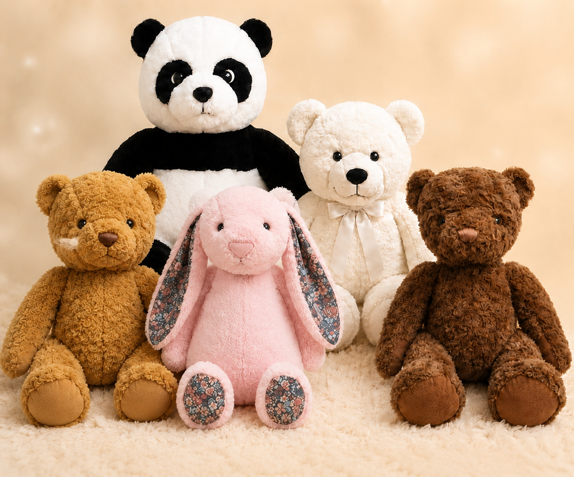 Five plush stuffed toys arranged together on a soft cream surface against a warm beige background: a black-and-white panda, a white bear, a brown teddy bear, a pink bunny, and a golden-brown teddy bear.